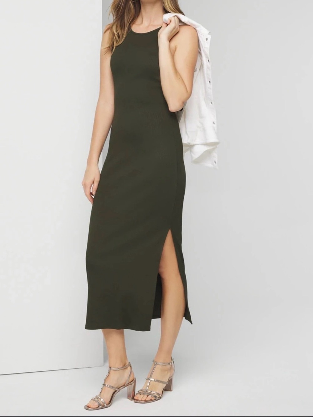 White House Black Market Olive Green Sleeveless Maxi Dress with Side Slit